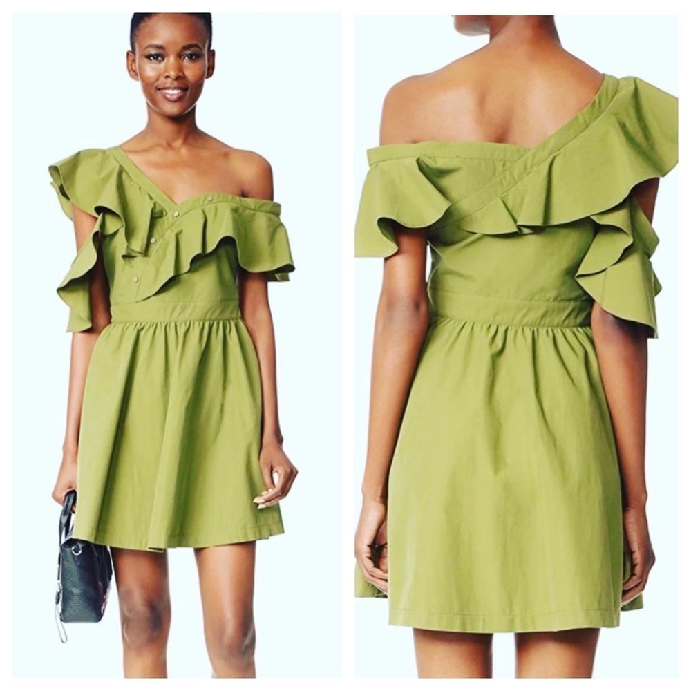 JOA | Olive Green Ruffled Off Shoulder Dress | M